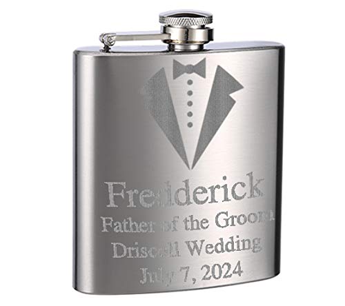 ''Top Shelf Flasks Personalized Custom Engraved 6oz Stainless Steel Groomsman Tuxedo Flask for Weddin